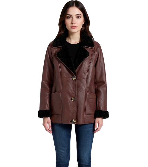 nachhaltige Damen Lederimitat-Jacke mit Kunstlammfell-Kragen Oversized-Jacke 950768 Braun