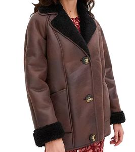 nachhaltige Damen Lederimitat-Jacke mit Kunstlammfell-Kragen Oversized-Jacke 950768 Braun