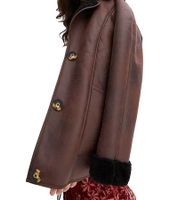 nachhaltige Damen Lederimitat-Jacke mit Kunstlammfell-Kragen Oversized-Jacke 950768 Braun