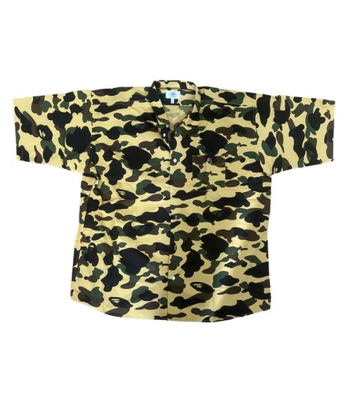 A BATHING APE Herren Kurzarm-Hemd im Camouflage-Look Baumwoll-Hemd Gelb/Grün/Schwarz