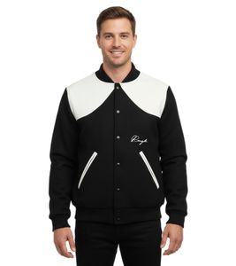 ROUGH. Herren Collegejacke mit Leder-Details stylische Leder-Jacke Schwarz/Weiß