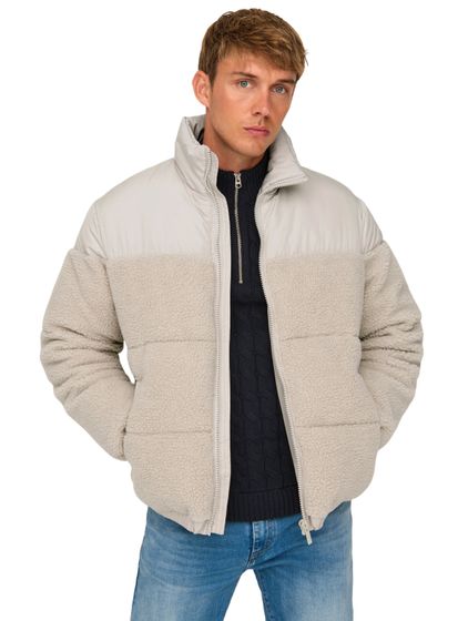 ONLY & SONS Eli Sherpa Mix Pufferjacken mit silbernem Futter
