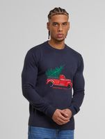 ONLY & SONS Xmas Reg 5 Aplication round neck knitted sweater in dark navy with car