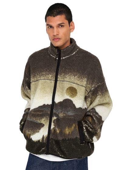 Felpa con cappuccio e zip intera Only & Sons Blaze Aop in marrone Cenerentola