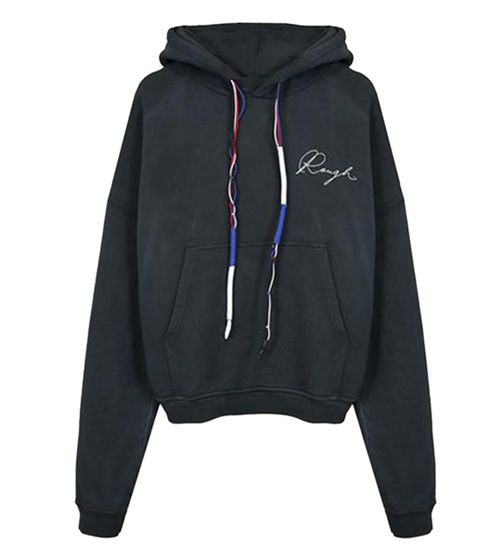 ROUGH. Herren Hoody mit Kapuze Baumwoll-Pullover Washed-Pullover Schwarz