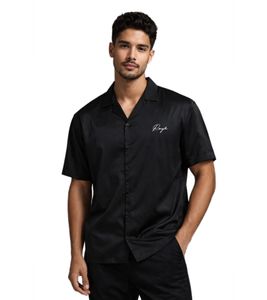 Elegantes ROUGH. Herren-Kurzarmhemd im Satin-Look mit minimalistischer Logo-Stickerei in Schwarz