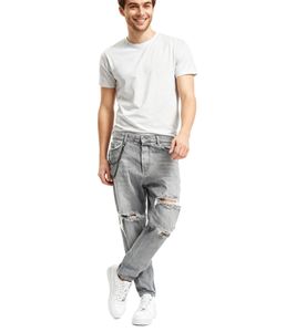 2Y Premium Quinn Herren Karotten-Jeans im Destroyed-Look Baumwoll-Hose inklusive Schlüsselkette Denim-Hose Grau