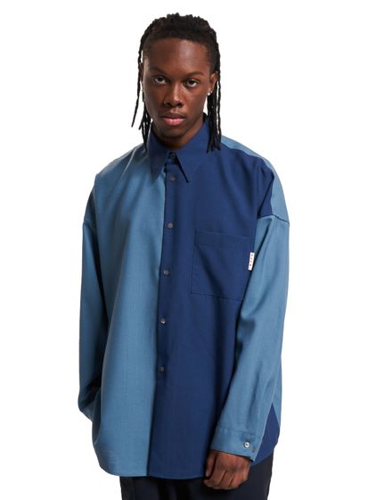 Marni Split Hemd Herren Zweifarbiges Oversized Hemd aus Baumwolle Designer Shirt mit Farbblock Look Langarm Blau