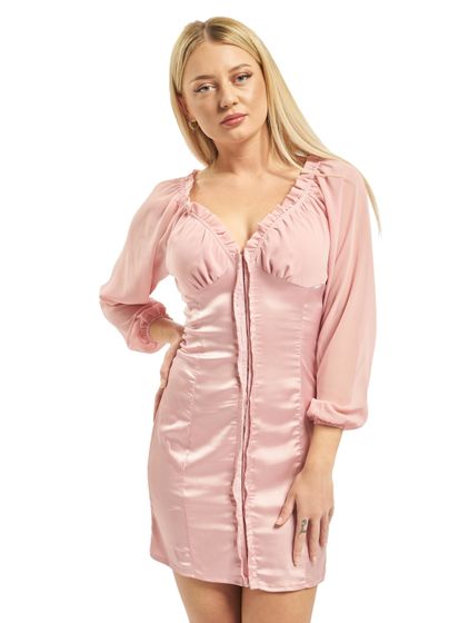 Missguided Transparentes Langarmkleid aus Satin mit Hakenund Ösenmuster in Rosa