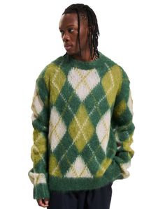 Marni Mohair Pullover Herren Argyle Muster Flauschiger Designer Rundhalspullover aus Wolle Oversized Strickpullover Grün