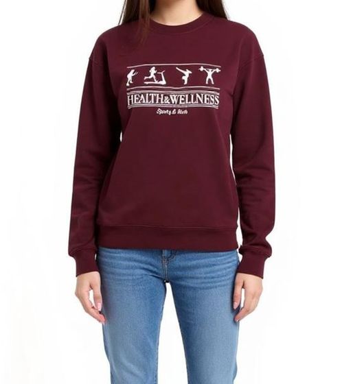 Sudadera Sporty & Rich de cuello redondo para mujer con estampado "Health Wellness", de algodón en color merlot/blanco