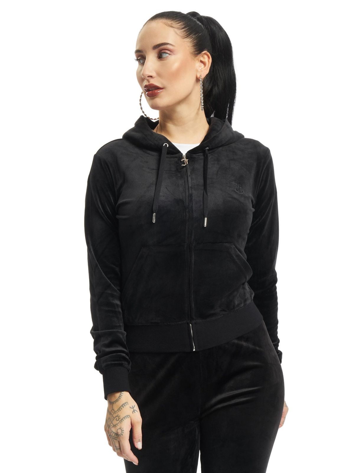 Felpa con cappuccio Juicy Couture con zip intera e tiretto e JC Black