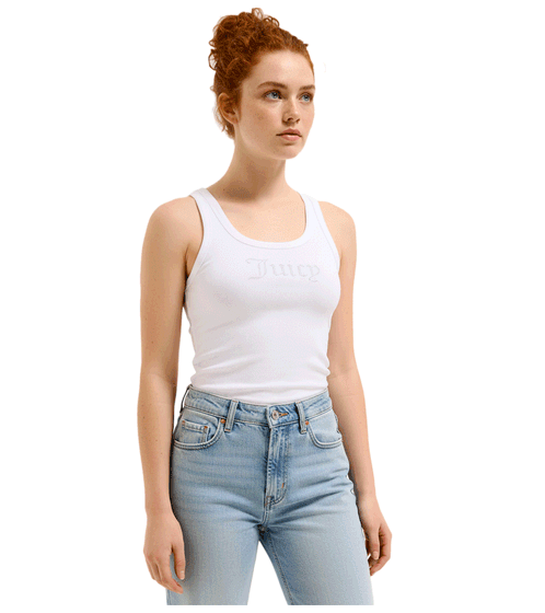 Juicy Couture Racer-Vest für Damen mit dünnen Trägern und zwei Strassstein Logos Weiß