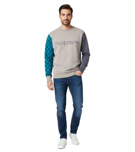 Sudadera JW Anderson con logo en bloques de color y estampado de logotipo, cuello redondo, 100 % algodón, gris