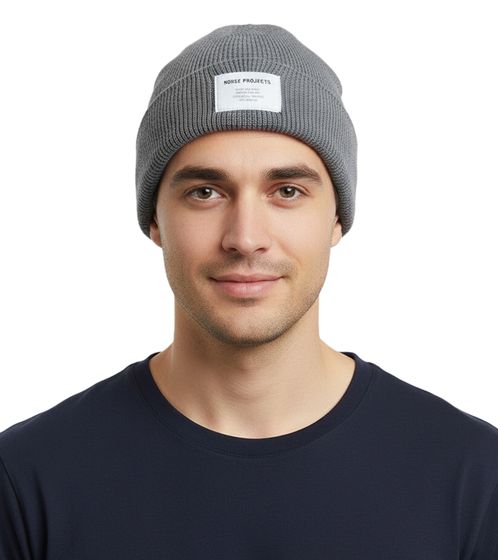 Norse Projects Watch Cap Tab Series Light Flexfitted Knit Beanie with Logo Patch, Light Gray