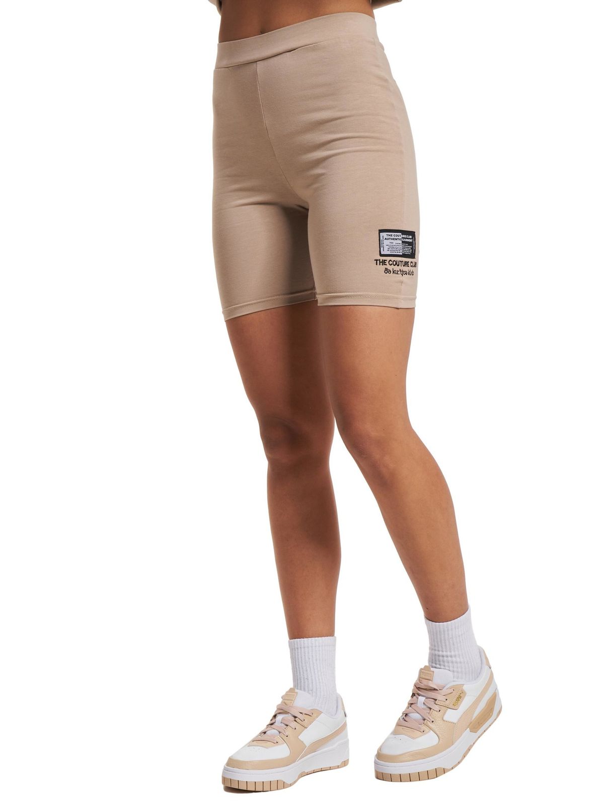 Pantaloncini da ciclista Couture Club con etichetta grafica e dettaglio in beige