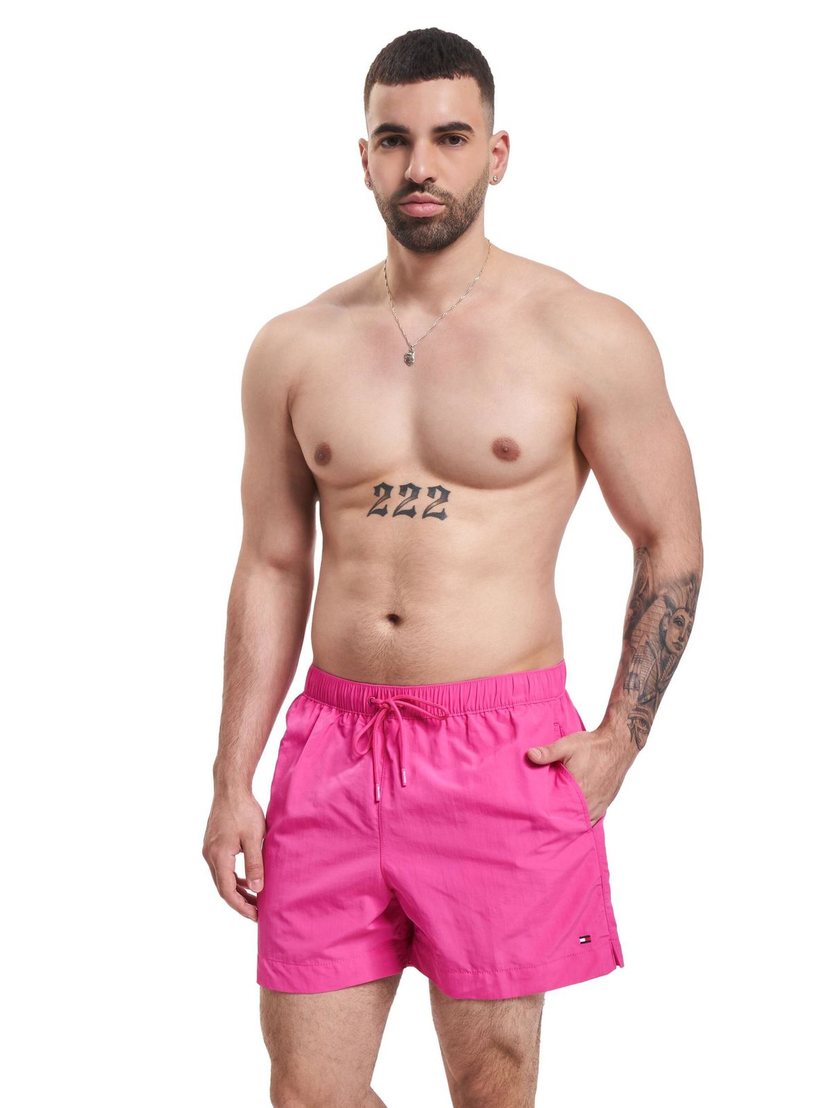 Costume da bagno Tommy Hilfiger con coulisse di medie dimensioni, color magenta acceso