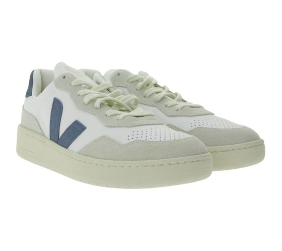 VEJA V-90 Herren Sneakers mit robuster Gummisohle Echtleder-Schuhe Weiß/Grau/Blau