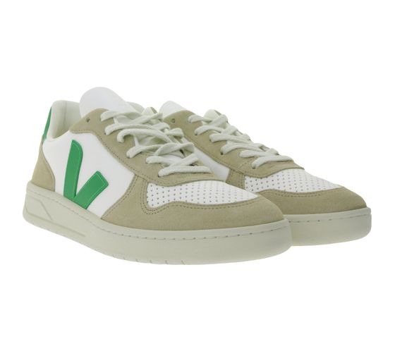 VEJA V-10 Herren Sneakers mit robuster Gummisohle Echtleder-Schuhe Weiß/Beige/Grün