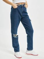 Missguided Petite Gerade geschnittene Jeans mit Schlitz am Oberschenkel und Knie, blau