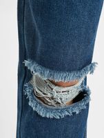 Missguided Petite Gerade geschnittene Jeans mit Schlitz am Oberschenkel und Knie, blau