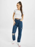 Missguided Petite Gerade geschnittene Jeans mit Schlitz am Oberschenkel und Knie, blau