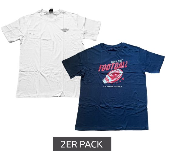 2er Pack U.S. SPORT AMERICA Herren T-Shirt Basic Baumwoll-Shirt Rundhals-Shirt Kurzarm Blau/Weiß