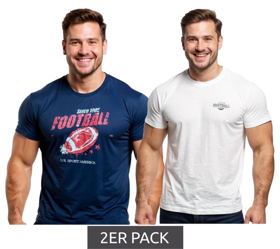 2er Pack U.S. SPORT AMERICA Herren T-Shirt Basic Baumwoll-Shirt Rundhals-Shirt Kurzarm Blau/Weiß