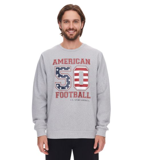 U.S. SPORT AMERICA Herren Sweater mit großem Schriftzug Baumwoll-Langarm-Shirt Sommer-Pullover Freizeit-Shirt Grau