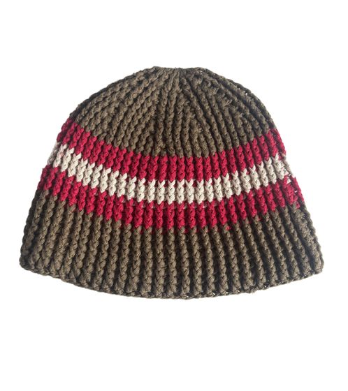 Stylische Häkel-Mütze Winter-Mütze weiche Strick-Mütze mit Streifen Baumwoll-Mütze 7313GUY Olivgrün/Rot/Weiß
