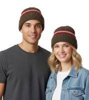 Elegante gorro de invierno de ganchillo, suave gorro de punto con rayas, gorro de algodón 7313GUY verde oliva/rojo/blanco