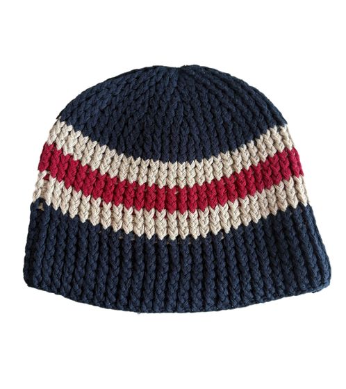 Stylische Häkel-Mütze Winter-Mütze weiche Strick-Mütze mit Streifen Baumwoll-Mütze 7314GUY Navy/Weiß/Rot