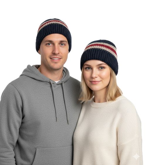 Elegante cappello all'uncinetto, cappello invernale, morbido cappello lavorato a maglia con strisce, cappello in cotone 7314GUY Blu navy/Bianco/Rosso