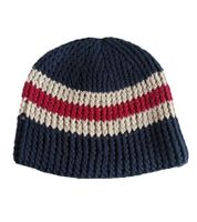 Stylish crocheted winter hat, soft knitted hat with stripes, cotton hat 7314GUY navy/white/red