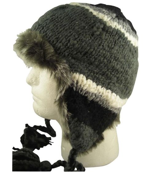 warme Mütze Damen und Herren Kopfbedeckung mit Kunstfell und Fleecefutter BR150259PLB Schwarz/Grün/Grau/Weiß
