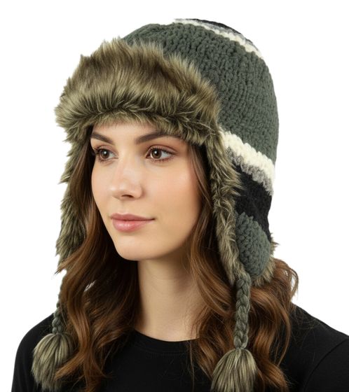 warme Mütze Damen und Herren Kopfbedeckung mit Kunstfell und Fleecefutter BR150259PLB Schwarz/Grün/Grau/Weiß