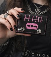 HIM Leather Wallet with Pink Heartagram Motif, Metal Snap Fasteners, and Chain, Rocky Gothic Style LW825951HIM0 Black/Pink