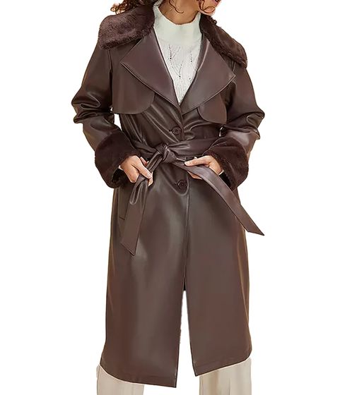 Sustainable Women's Faux Leather Coat with Faux Fur Collar, Faux Leather Jacket, Spring Coat 930388 Brown