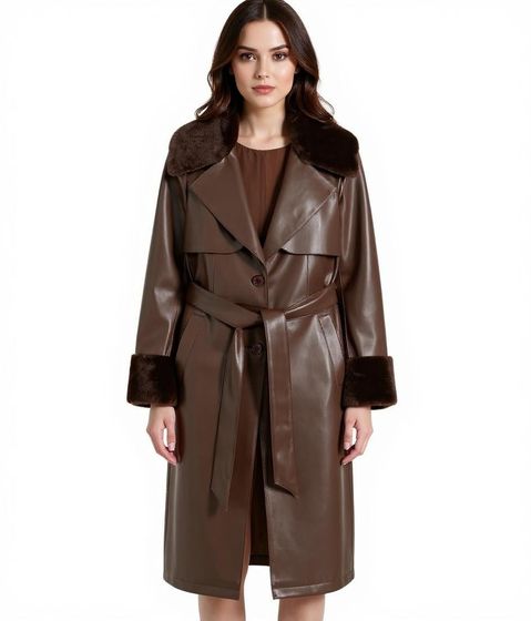 nachhaltiger Damen Lederimitat-Mantel mit Kunstfell Kragen Kunstleder-Jacke Frühlings-Mantel 930388 Braun
