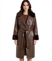 nachhaltiger Damen Lederimitat-Mantel mit Kunstfell Kragen Kunstleder-Jacke Herbst-Mantel 930388 Braun