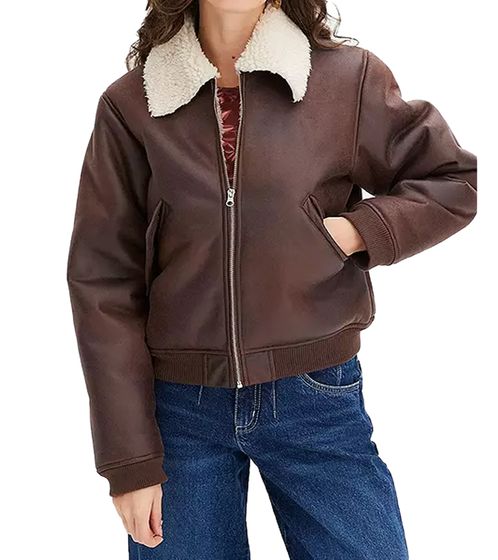 Veste aviateur en similicuir durable pour femme, veste aviateur de haute qualité avec col en fausse fourrure, 933611 Marron