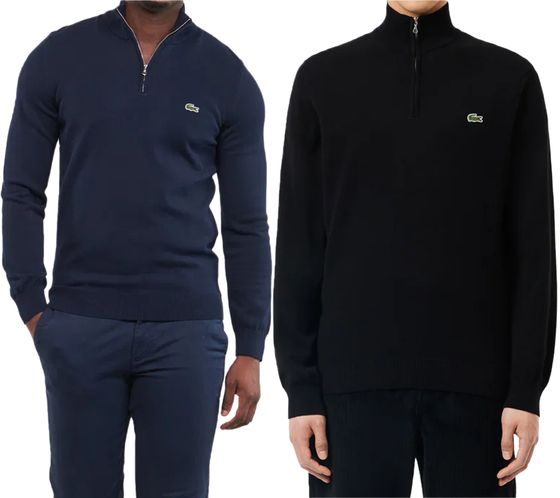 Lacoste Men's Classic Knit Sweater with Logo Embroidery, Long-Sleeved Sweater, AH1980, Black or Blue