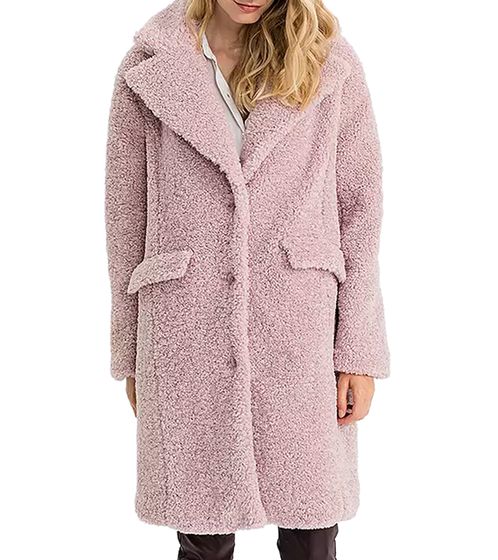 Damen Mantel lange Teddyfell-Jacke Alltags-Mantel kuscheliger Basic-Mantel 970034 Rosa