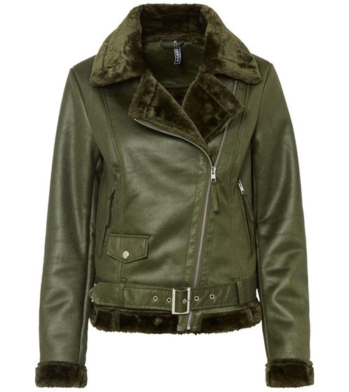Damen Biker-Jacke Übergangs-Jacke mit Reverskragen Kunstleder-Jacke 923116 Grün