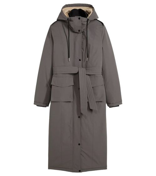 Damen Mantel mit Gürtel nachhaltiger Winter-Mantel mit Kapuze Outdoor-Jacke 956903 Dunkelgrau