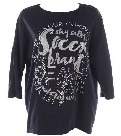 SOCCX Damen Oversized Sweatshirt mit Rundhals-Ausschnitt Alltags-Pulli SCU-2100-3772 Blau