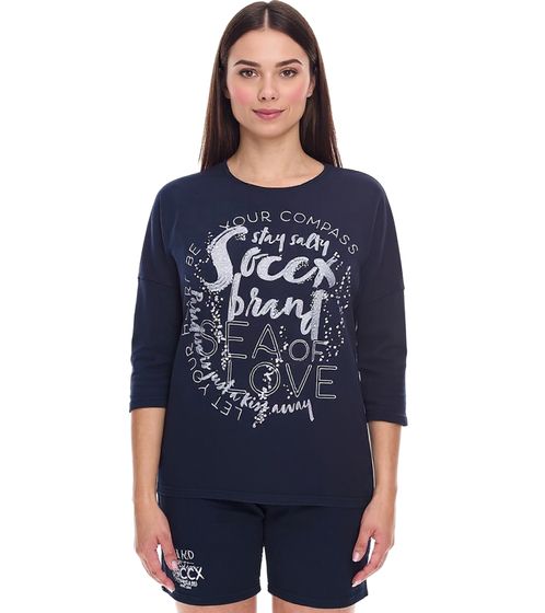 SOCCX Damen Oversized Sweatshirt mit Rundhals-Ausschnitt Alltags-Pulli SCU-2100-3772 Blau