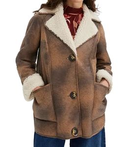 Chaqueta de piel sintética sostenible para mujer con cuello de piel de cordero sintética, chaqueta oversize, tallas grandes 970065 Marrón