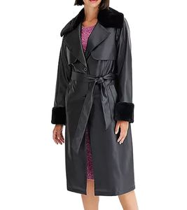 Cappotto ecopelle da donna sostenibile con collo in pelliccia sintetica, giacca in ecopelle, cappotto primaverile, 959571 Nero