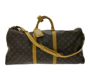 LOUIS VUITTON Vintage Keepall 55 mit Schulterriemen, Schloss und Adressanhänger Monogram Second Hand Echtleder Umhängetasche Braun